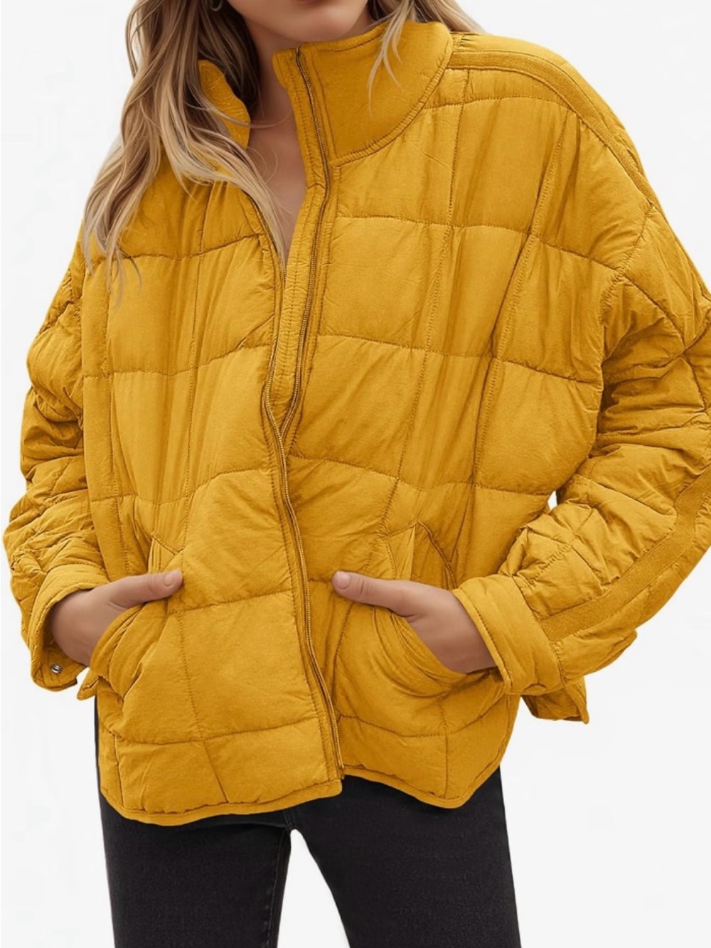 Yellow Quilted Puffer Jacket - Women's Lightweight Coat